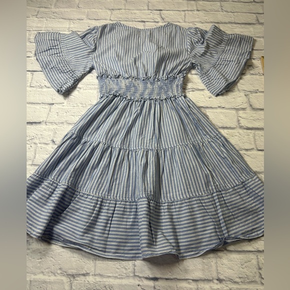 Max Studio Light Blue Striped Short Sleeve Dress. VNeck. Midi Length. - Picture 9 of 10